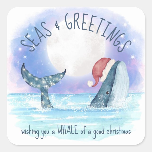 Whale Santa Seas & Greetings Nautical Christmas Square Sticker (Front)