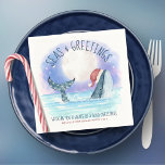 Whale Santa Seas Nautical Christmas  Napkin<br><div class="desc">Nautical humour Christmas napkins feature a watercolor whale wearing a Santa hat swimming in the sea under a magical moon and stars with string lights decorating its tail. The "Seas & Greetings" and "Wishing you a whale of a good Christmas" greetings, along with the name can be personalized. Perfect for...</div>