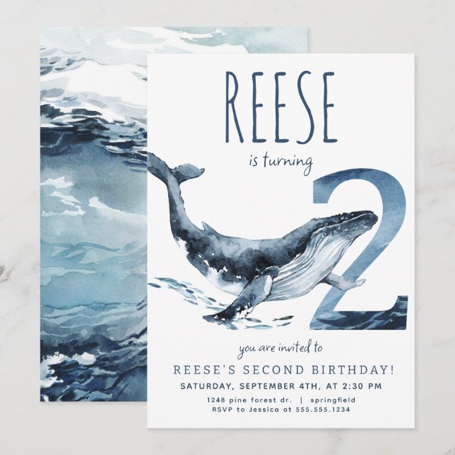 Whale Second Birthday Invitation (Front/Back)