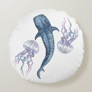 Whale shark. Watercolor Round Pillow
