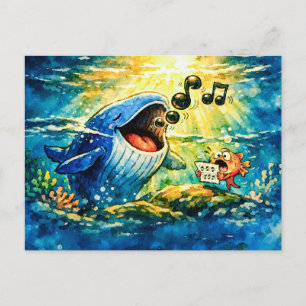 Whale singing duet with fish postcard