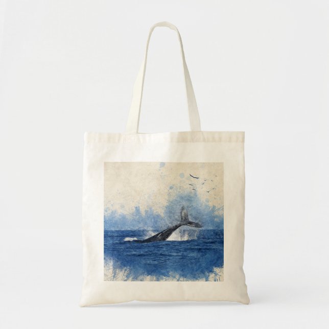 Whale Splash in Sea Birds in Distance Art Decor Tote Bag (Front)