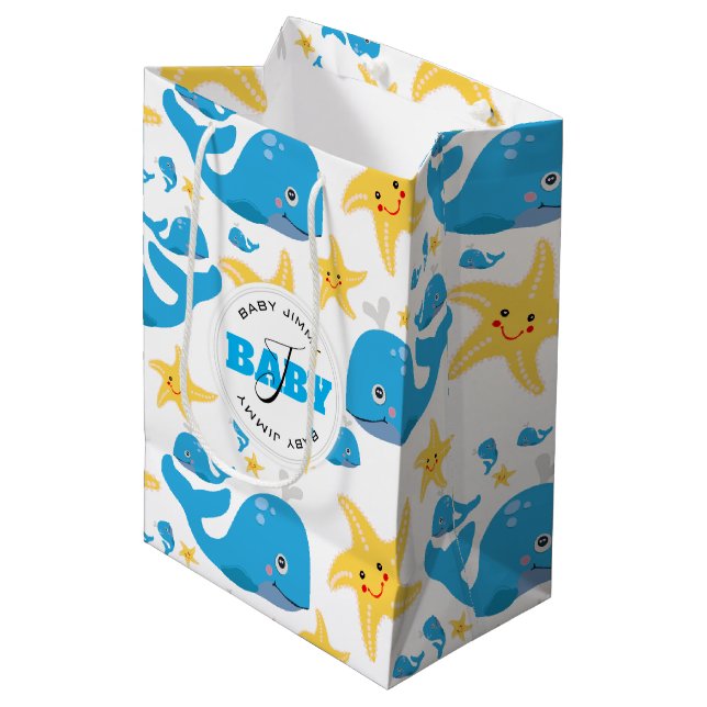 Whale & Starfish Cartoon Baby Monogram Pattern Medium Gift Bag (Front Angled)
