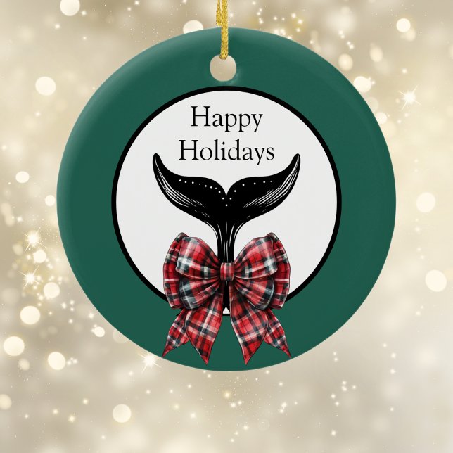 Whale Tail and Plaid Bow Black White Christmas Ceramic Ornament (Creator Uploaded)