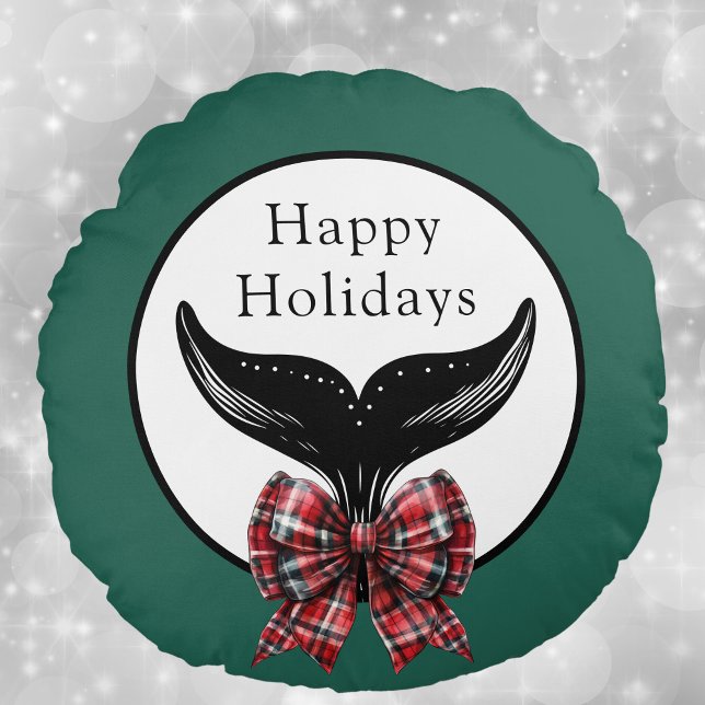 Whale Tail and Plaid Bow Black White Christmas Round Pillow (Creator Uploaded)