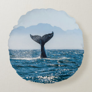Whale Tail Seascape: Dramatic Water. Round Pillow