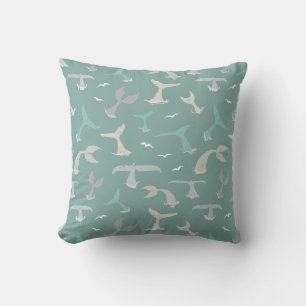 Whale Tails Ocean Blue Grey Coastal Patterned Throw Pillow