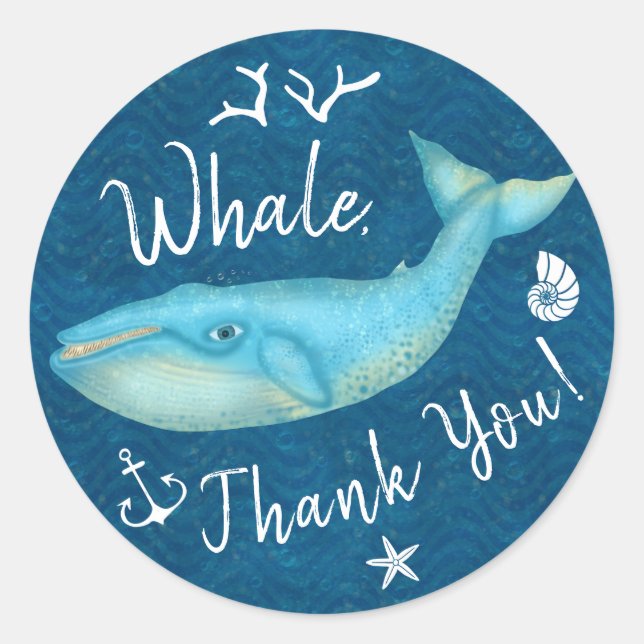 Whale Thank You Nautical Beach Navy Blue Ocean Sea Classic Round Sticker (Front)