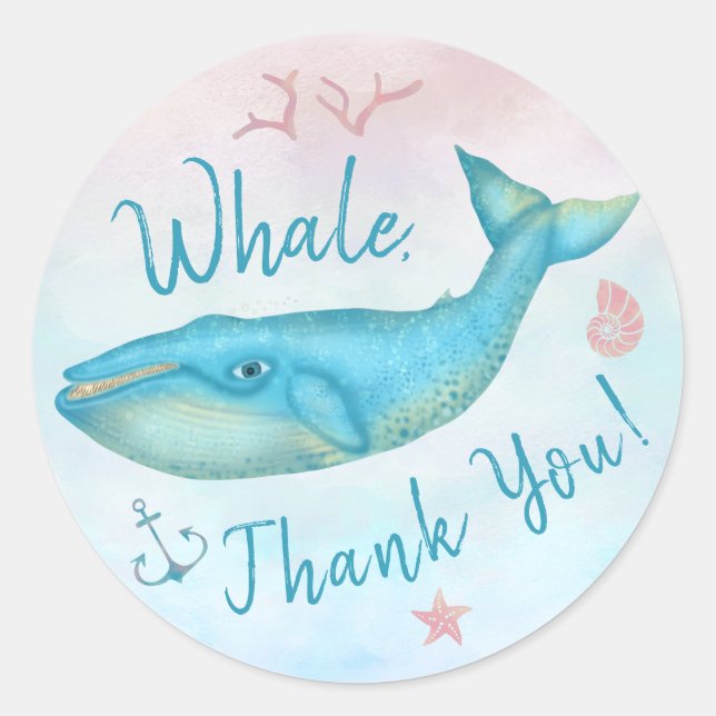 Whale Thank You Nautical Beach Teal Blue Ocean Sea Classic Round Sticker (Front)