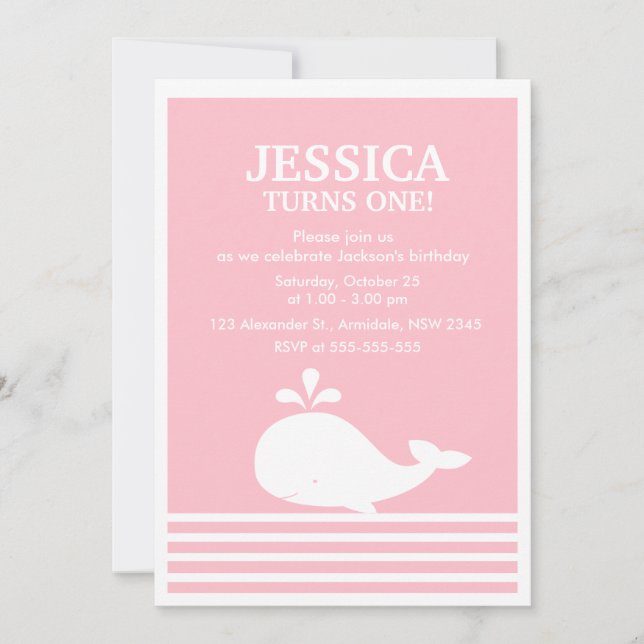 Whale theme birthday for girl party invitation (Front)