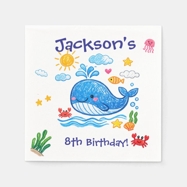 Whale Theme Summer Kids Birthday Party Napkin (Front)