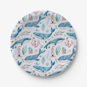 Whale Under the Sea Blue Boy Baby Shower Paper Plate
