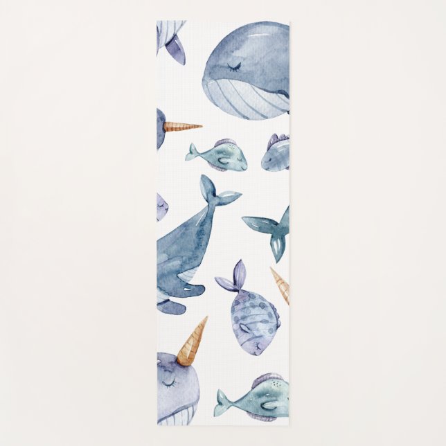 Whale Unicorns in Ocean Pattern Yoga Mat (Front)