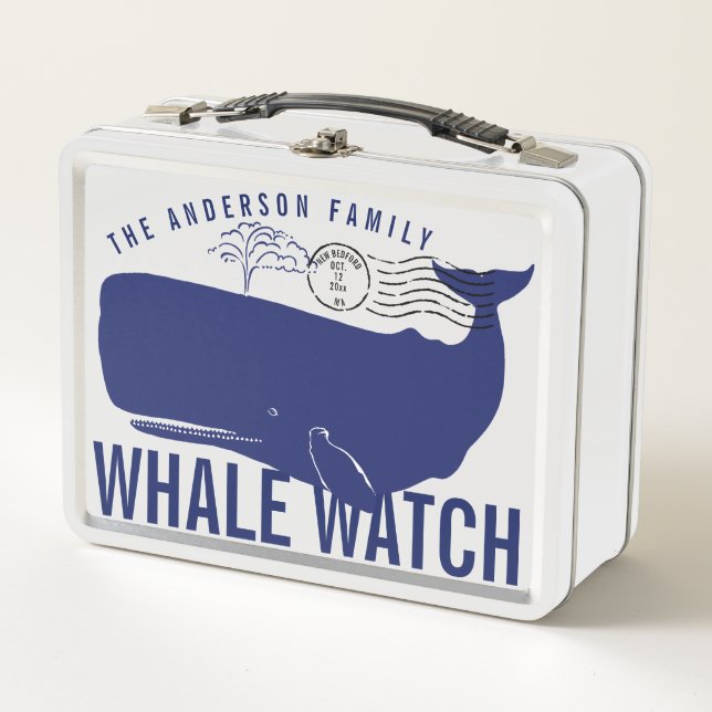 Whale Watch Blue Whale Family Name Postmark Metal Lunch Box (Front)
