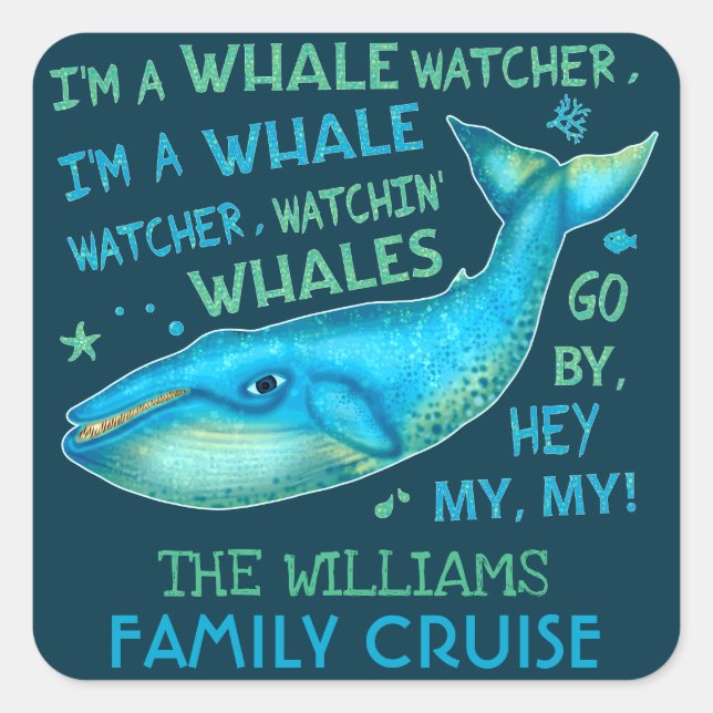 Whale Watching Family Vacation Cruise Personalized Square Sticker (Front)