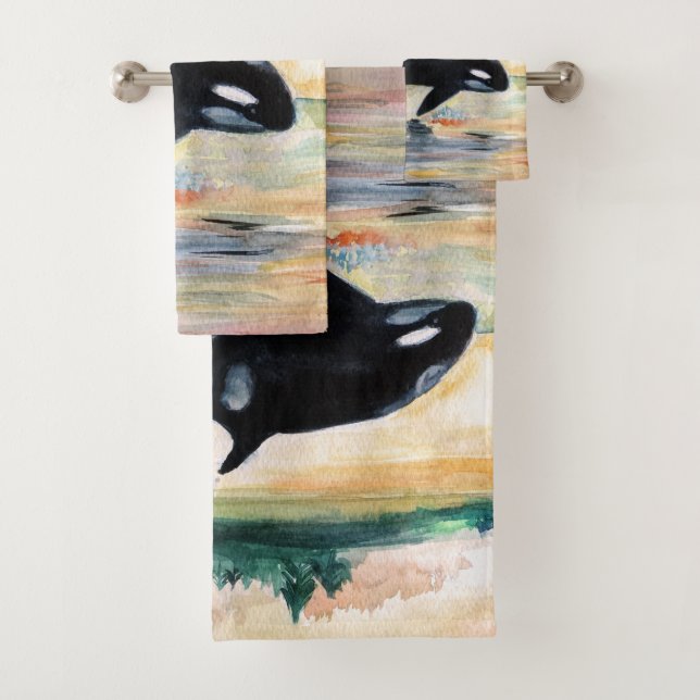 Whale Watercolor Art  drawing Bathroom Towel Set (Insitu)