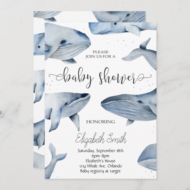 Whale Watercolor Baby Shower Invite (Front/Back)