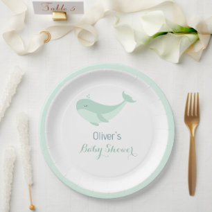 Whale Watercolour Blue Green Baby Shower Paper Plate