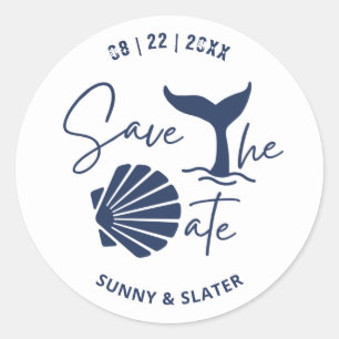 Whale Wave Seashell Beach Typography Save The Date Classic Round Sticker