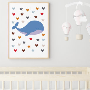 Whale with Colourful Hearts Nursery Room Poster 