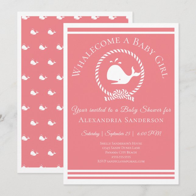 Whalecome a Baby girl Nautical Shower Invitation (Devant / Derrière)