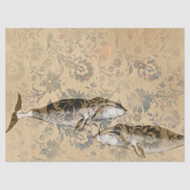 Whales and Abstract Floral Decoupage Tissue Paper (Front)