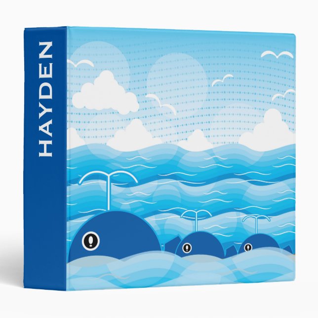 Whales and Waves Ocean Blue Personalised Binder (Front/Spine)