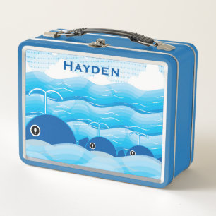 Whales and Waves Ocean Blue Personalised Metal Lunch Box
