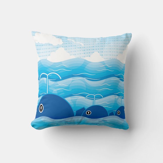 Whales and Waves Ocean Blue Throw Pillow (Front)