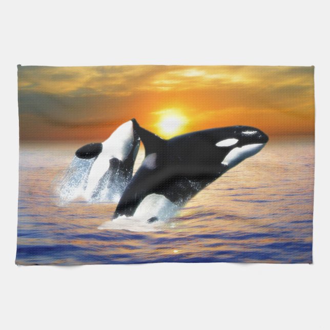 Whales at sunset kitchen towel (Horizontal)