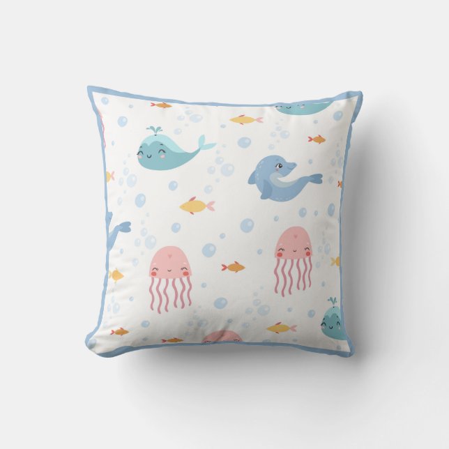 Whales Dolphins Jellyfish Pink Ocean Sea Fish Boy Throw Pillow (Front)