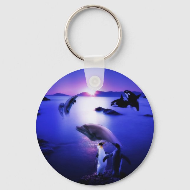 Whales dolphins penguins ocean sunset keychain (Front)