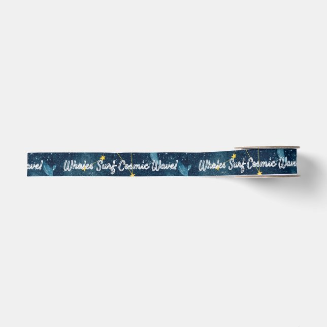 Whales Surf Cosmic Waves Blue Constellation Design Grosgrain Ribbon (Front)