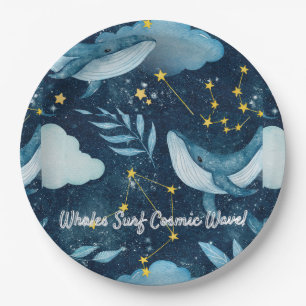 Whales Surf Cosmic Waves Blue Constellation Design Paper Plate