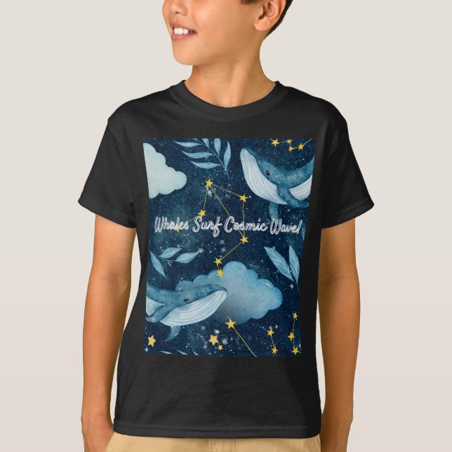 Whales Surf Cosmic Waves Blue Constellation Design T-Shirt (Front)