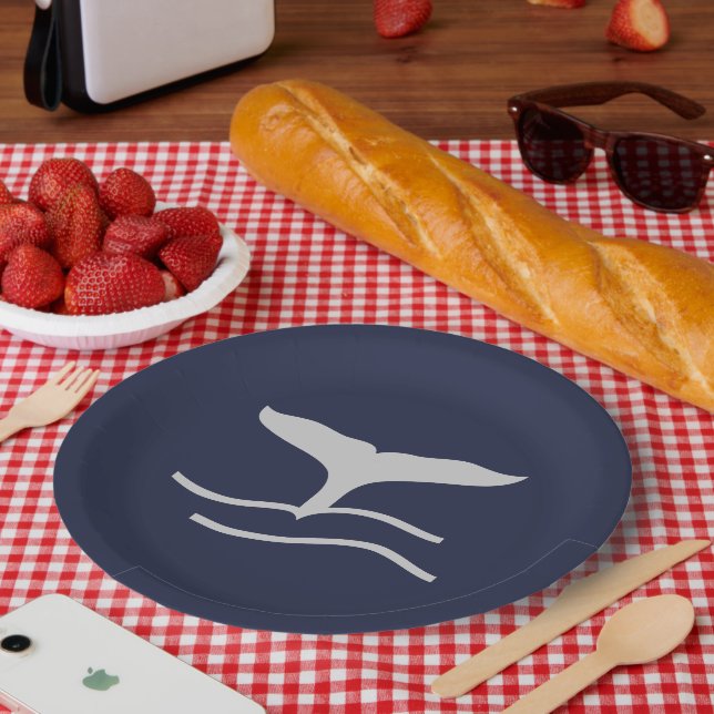 Whales Tail Outline Navy and Grey Porcelain Servin Paper Plate (Picnic)