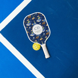 Whales turtles ocean sea blue white monogram pickleball paddle