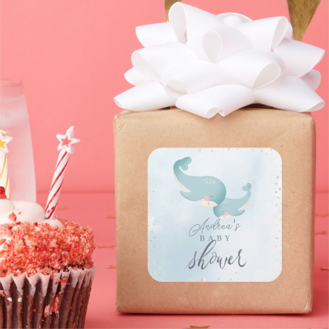 Whales Watercolor Blue Boy Baby Shower Square Sticker (Party)