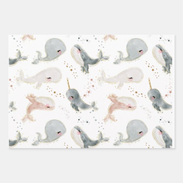 Whales Watercolor under the sea Wrapping Paper Sheet (Front 3)
