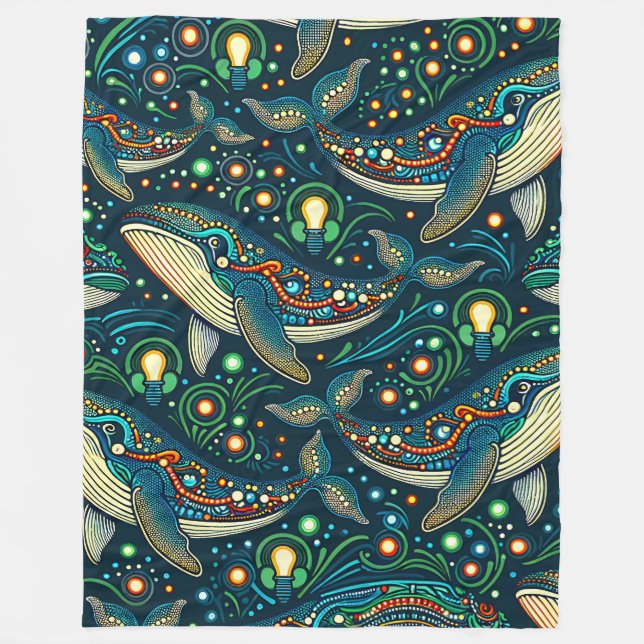 “Whales with Christmas Lights - Surreal Art" Fleece Blanket (Front)