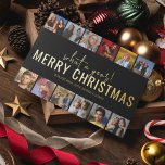 What A Year! 12 Photo Collage | Christmas Foil Holiday Card<br><div class="desc">A modern photo collage christmas card,  featuring 12 of your favourite photographs from the year,  in a photo strip style,  over a black background with a real gold foil template christmas greeting. Font styles and background colour can be changed easily by clicking on the customize further link after personalizing.</div>