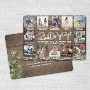 What a Year! 12 Photos Rustic Wood, Pine & Lights Holiday Card