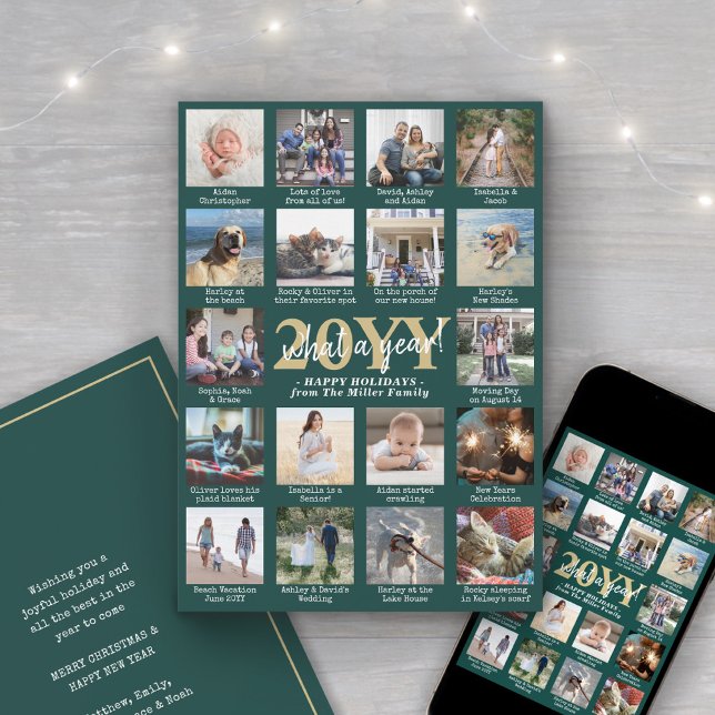 What a Year 18 Photo Collage and Captions Green Holiday Card (Creator Uploaded)
