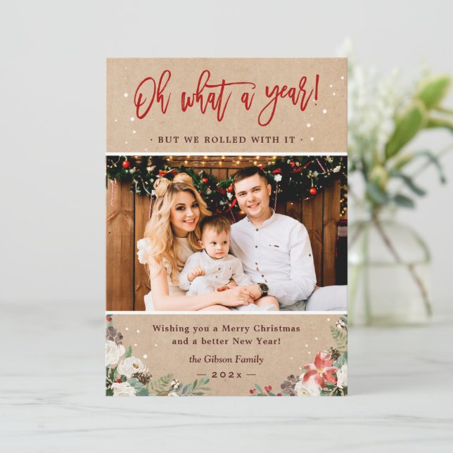 What A Year Christmas Floral Kraft Photo Holiday Card (Standing Front)
