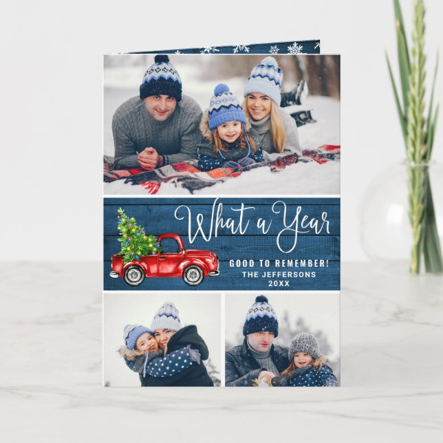 What a Year Christmas Red Farm Truck 3 Photo Holiday Card (Front)