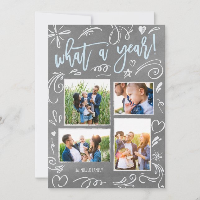 What A Year Doodles Collage 4 Photo Holiday Card (Front)