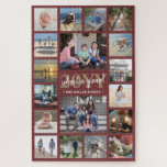 What a Year Family Photo Collage Burgundy Red Gold Jigsaw Puzzle<br><div class="desc">What a year to remember! Celebrate the simple joys of family with a unique and fun photo collage Holiday puzzle. If you prefer a background or text in colors other than burgundy red, white and gold, see instructions below. Design features elegant handwritten style script calligraphy, modern typography family name and...</div>