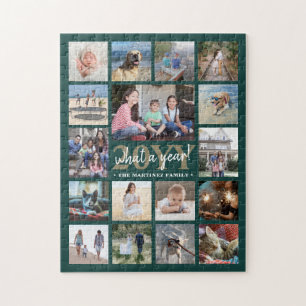 What a Year Family Photo Collage Green & Gold Xmas Jigsaw Puzzle