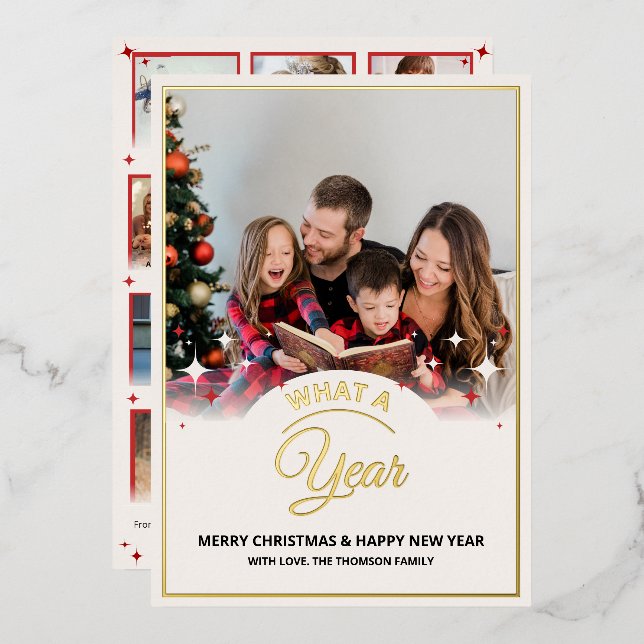 What a Year in Review Multi Photo Modern Christmas Foil Holiday Card (Front/Back)