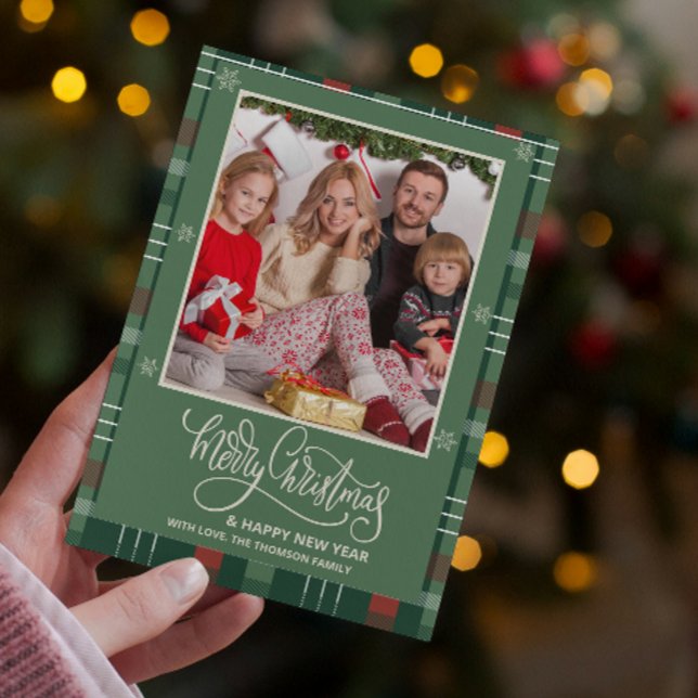 What a Year in Review Plaid Merry Christmas  Card (buffalo plaid christmas cards gingham rustic typography green check rustic farmhouse gingham country)